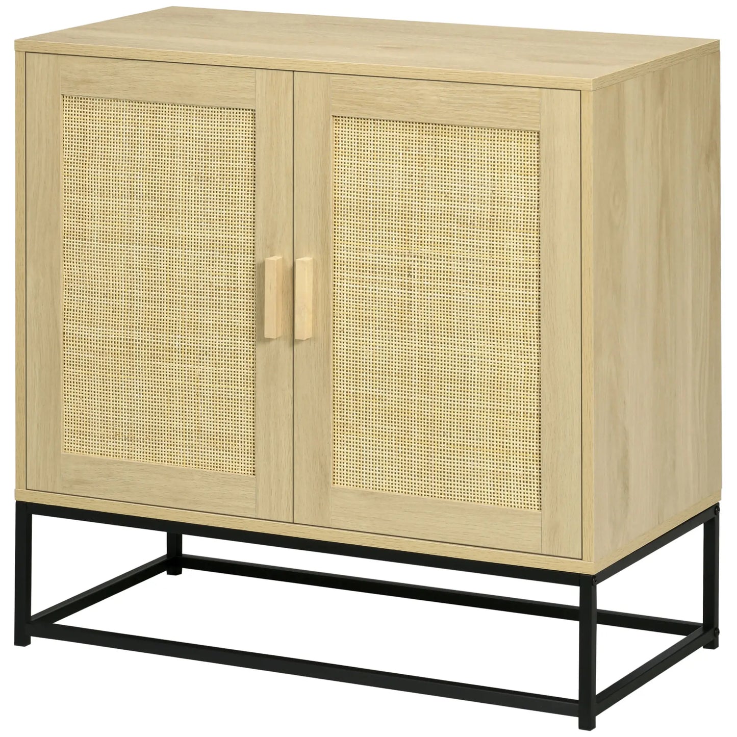 Wood Sideboard Cabinet, 2 Rattan Doors, Adjustable Shelf, Steel Legs