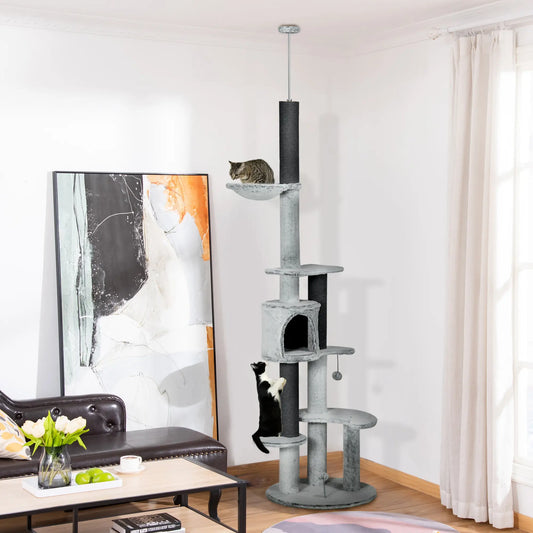 89"-100" Cat Tree, Hammock, Scratching Posts, Condo, Perches, Grey Floor to Ceiling Cat Trees Grey at Gallery Canada