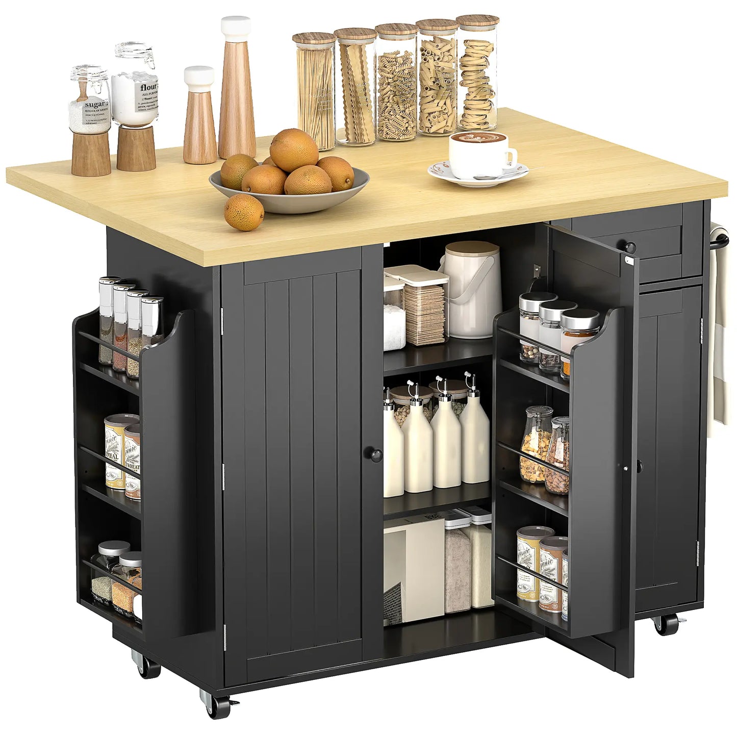 Kitchen Island Cart With Drop Leaf, Drawer, Rack, Black