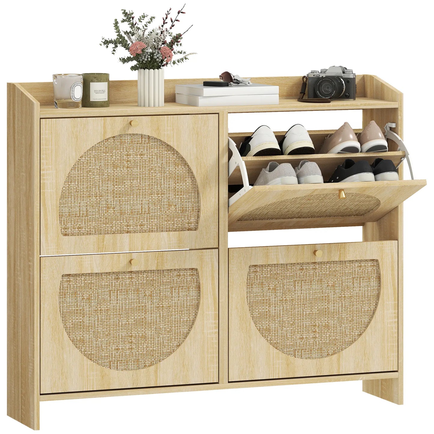 4 Flip-Drawer Shoe Cabinet, Rattan Doors, Adjustable Shelves, Holds 16 Pairs, Natural Shoe Storage Cabinets & Racks at Gallery Canada