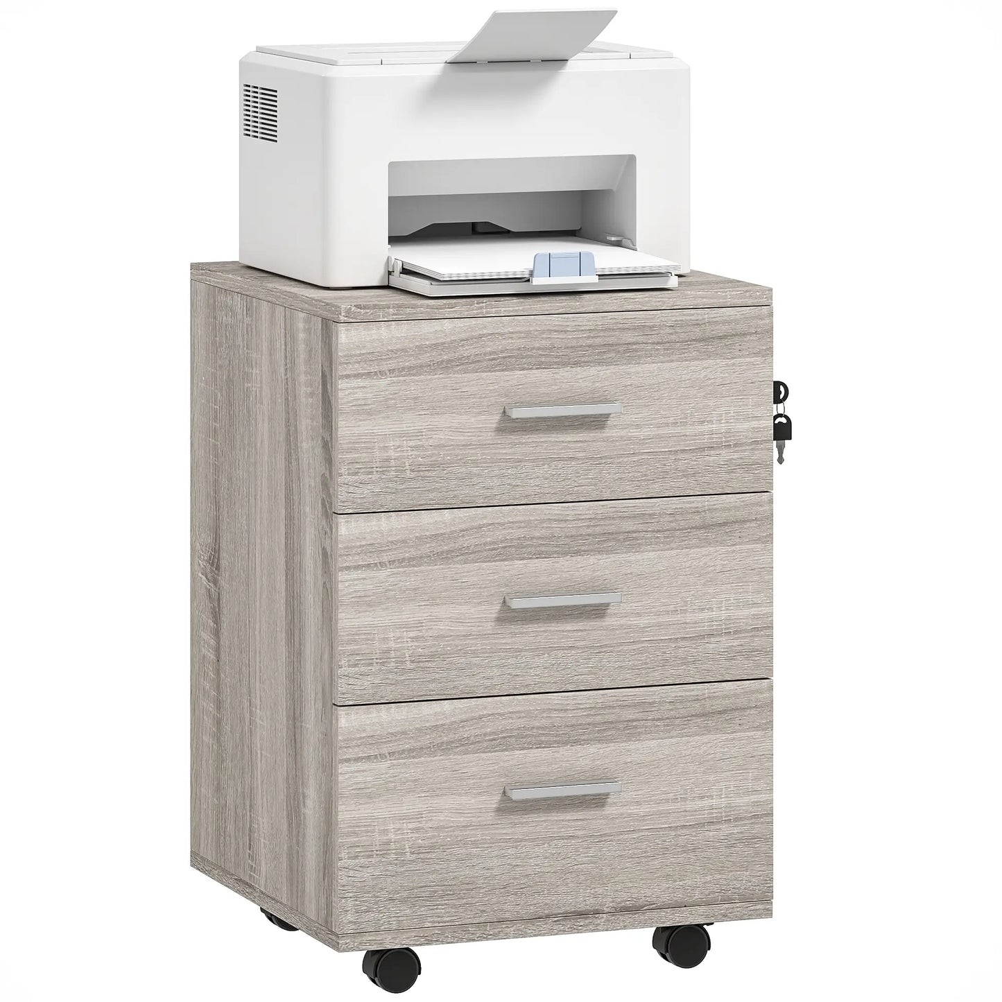 Mobile 3 Drawer File Cabinet with Wheels, Lock, Wood Grain, Grey Office Cabinets & Cupboards at Gallery Canada