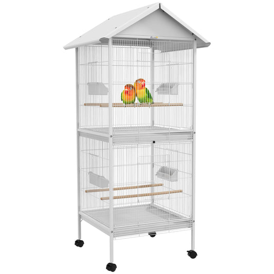 Wrought Metal Bird Cage Feeder with Rolling Stand Perches Food Containers Doors Wheels 67" H, White - Gallery Canada