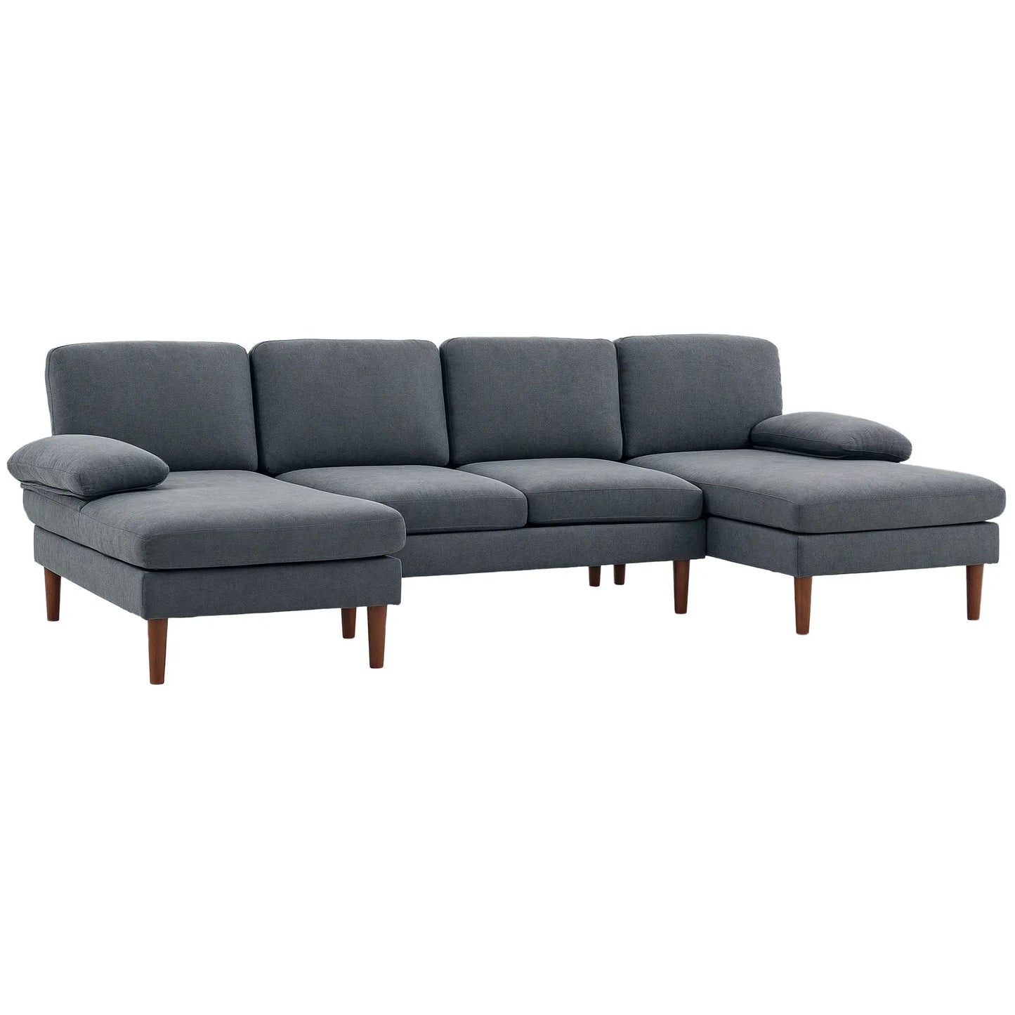 U Shape Couch, Double Chaise Lounge, 4 Seater Sofa, Wooden Legs, Dark Grey