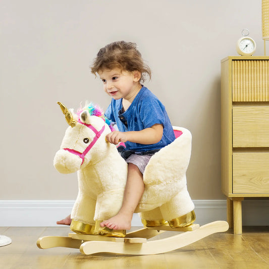 Unicorn Rocking Horse with Sound, Safety Belt, Wooden Base, 18-36 Months Rocking Horses Cream at Gallery Canada