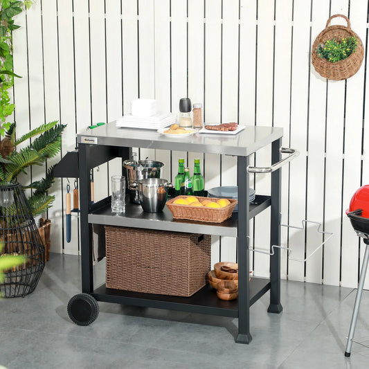 3-Shelf Outdoor Grill Cart, Stainless Steel Pizza Oven Stand On Wheels, Black Outdoor Grill Carts Black, Silver at Gallery Canada