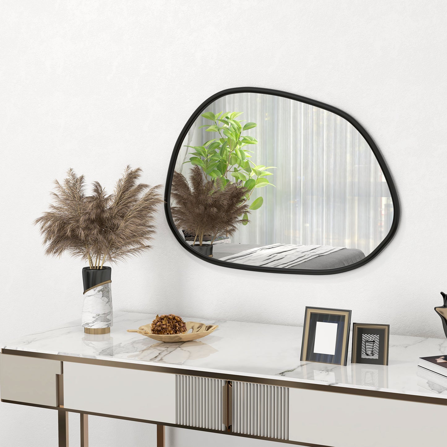 31.5" x 23.5" Irregular Mirror, Decorative Vanity Mirror with Pine Wood Frame for Bathroom, Living Room, Bedroom, Black at Gallery Canada
