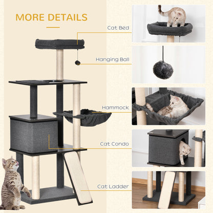 58" Cat Tree Huge Kitty Activity Center Cat Climbing Toy Rest Pet Furniture with Sisal Scratching Post Pad Condo Bed Perch Ladder Hanging Ball Dark Grey at Gallery Canada