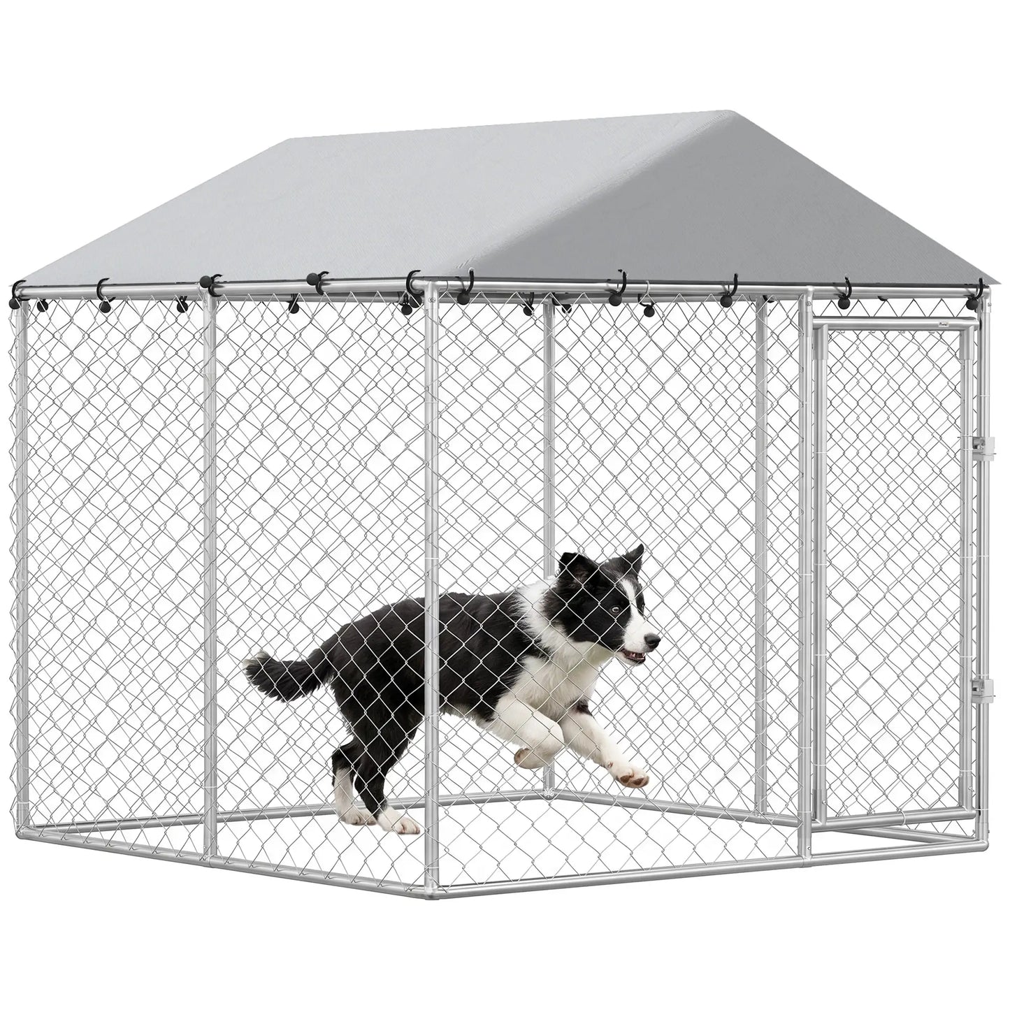 6.6' x 6.6' x 6.6' Outdoor Dog Kennel Heavy Duty Galvanized Steel with UV-resistant Roof, Silver