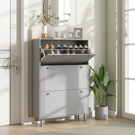 Shoe Storage, 3 Flip Drawers, Adjustable Shelves, 24 Pairs, Grey Shoe Storage Cabinets & Racks Grey, Light Oak at Gallery Canada