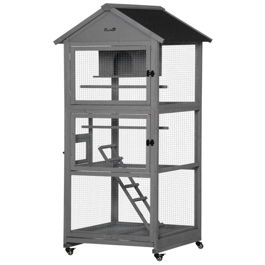 71" Bird Cage Large Mobile Wooden Aviary for Canary Cockatiel with Wheel Perch Nest Ladder Slide-out Tray for Indoor Outdoor Dark Grey - Gallery Canada