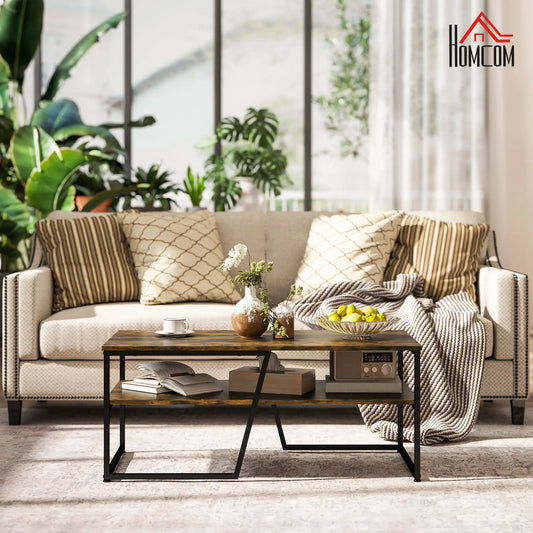 Table Basse Industrielle, 2 Niveaux avec Étagère de Rangement, Aspect Bois, Cadre Métallique, 106 cm x 55 cm x 45 cm, Brun Rustique