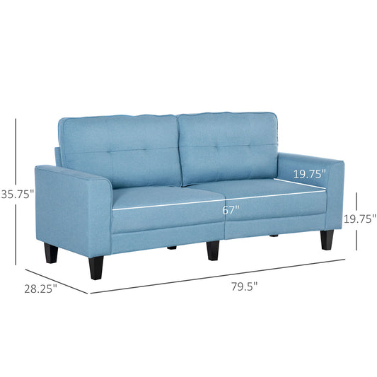 3-Seater Sofa, Mid-Century Linen Couch with Upholstered Seat, Button-Tufted Back Cushion and Rubber Wood Legs for Living Room, Bedroom, Blue at Gallery Canada