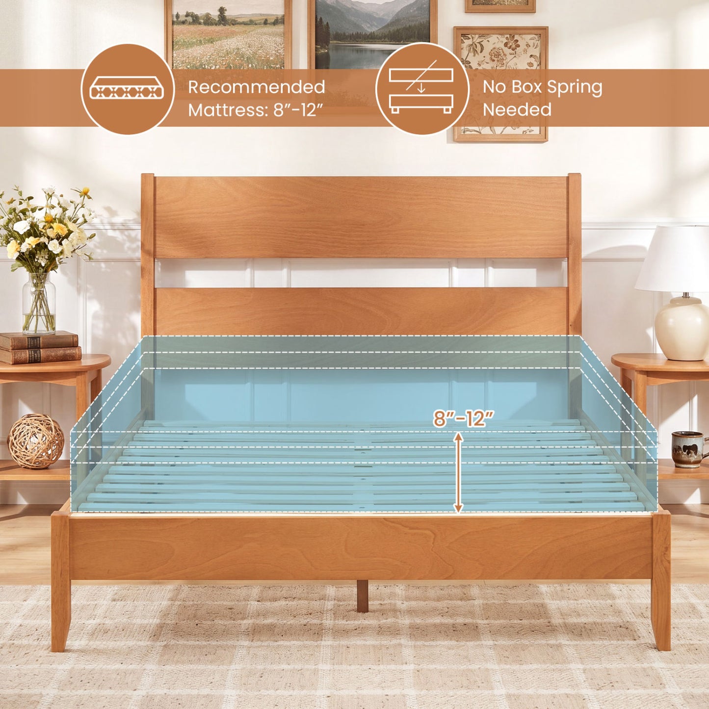 Queen Bed Frame with Headboard, Solid Wood Legs, Brown