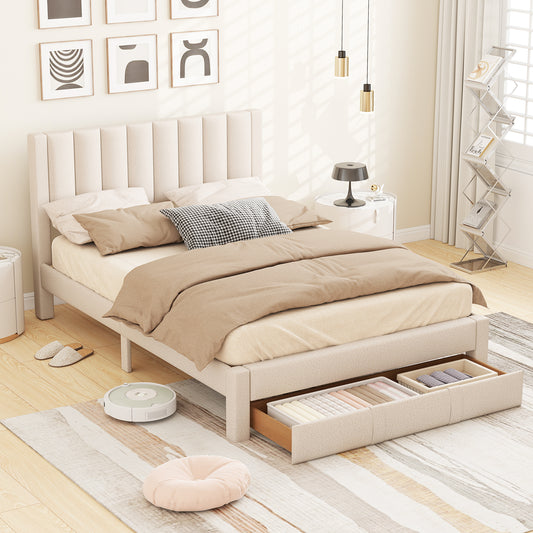 Queen Size Bed Frame with Storage Drawer and Vertical Channel Headboard, Beige Simple Bed Frame Beige at Gallery Canada
