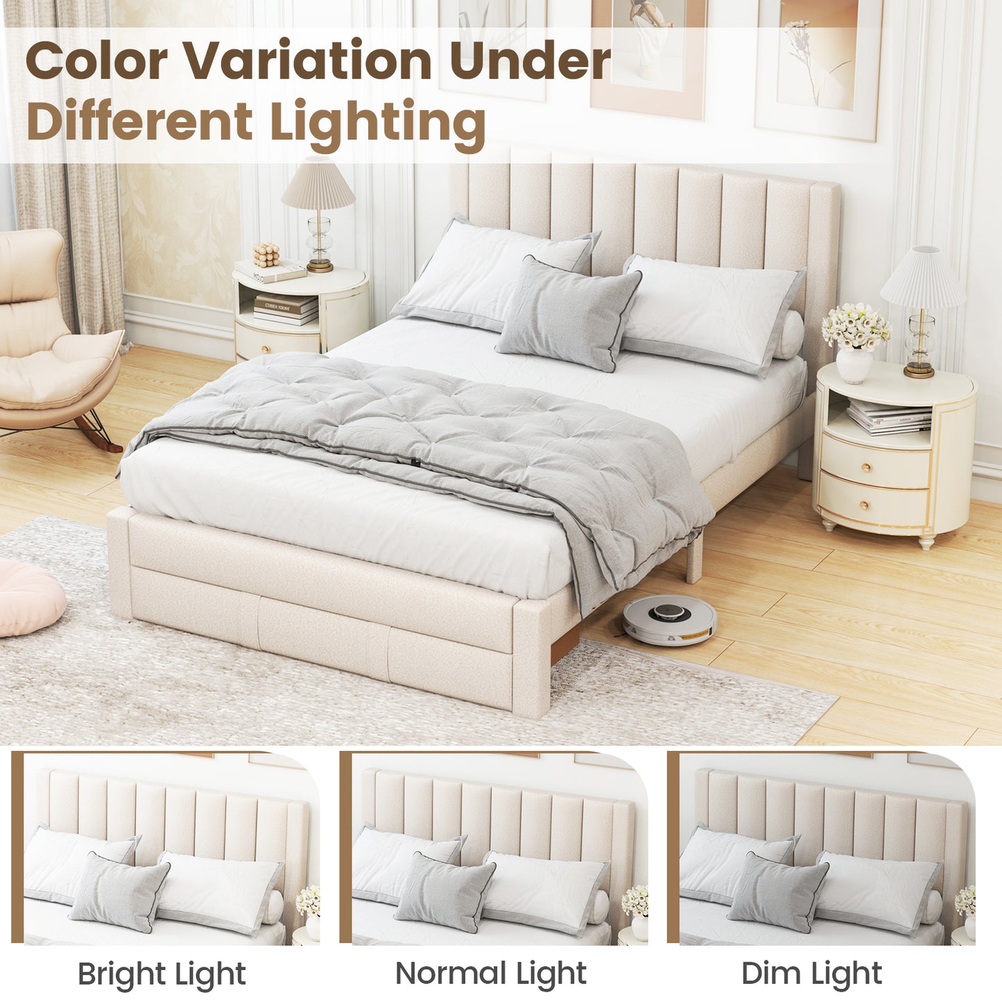 Queen Size Bed Frame, Storage Drawer, Channel Headboard, Beige Simple Bed Frame at Gallery Canada