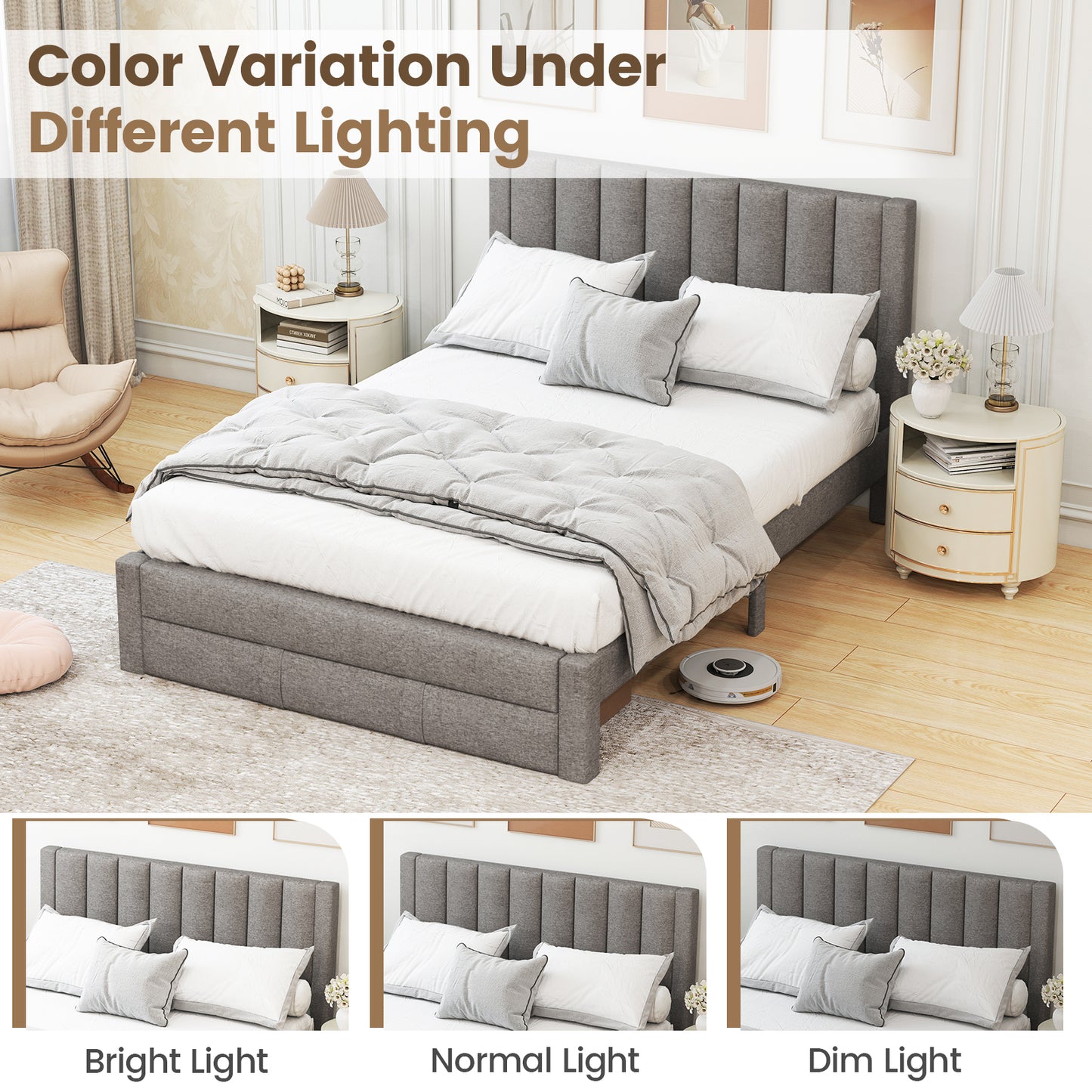 Queen Size Bed Frame, Storage Drawer, Channel Headboard, Gray Simple Bed Frame at Gallery Canada