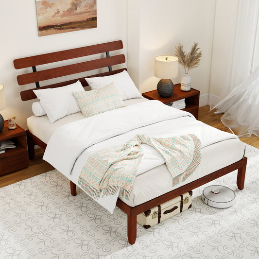 Queen Size Bed Frame, 15.5 Inch Solid Wood Platform, Retro Headboard, Walnut Simple Bed Frame Walnut at Gallery Canada