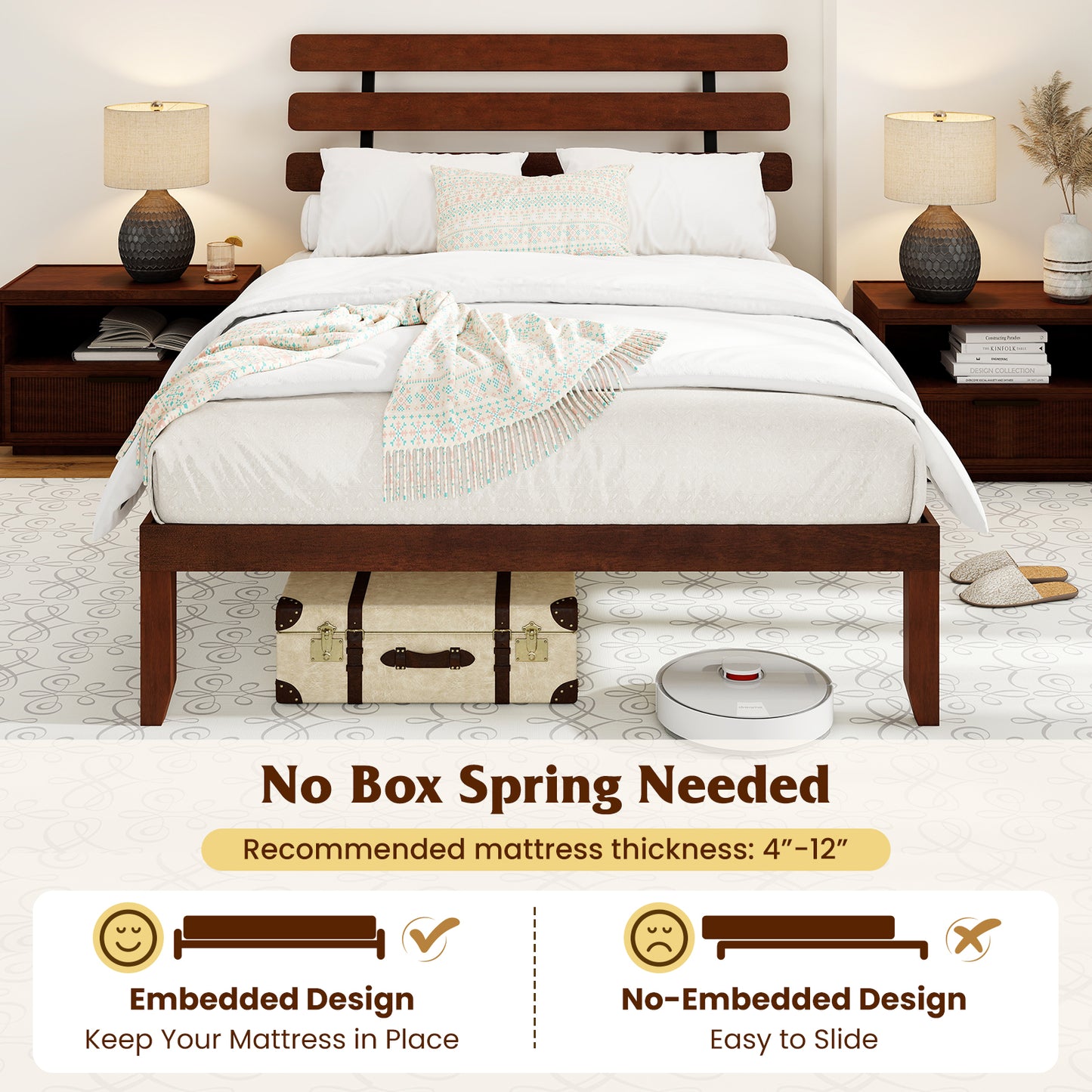 Queen Size Bed Frame, 15.5 Inch Solid Wood Platform, Retro Headboard, Walnut Simple Bed Frame at Gallery Canada