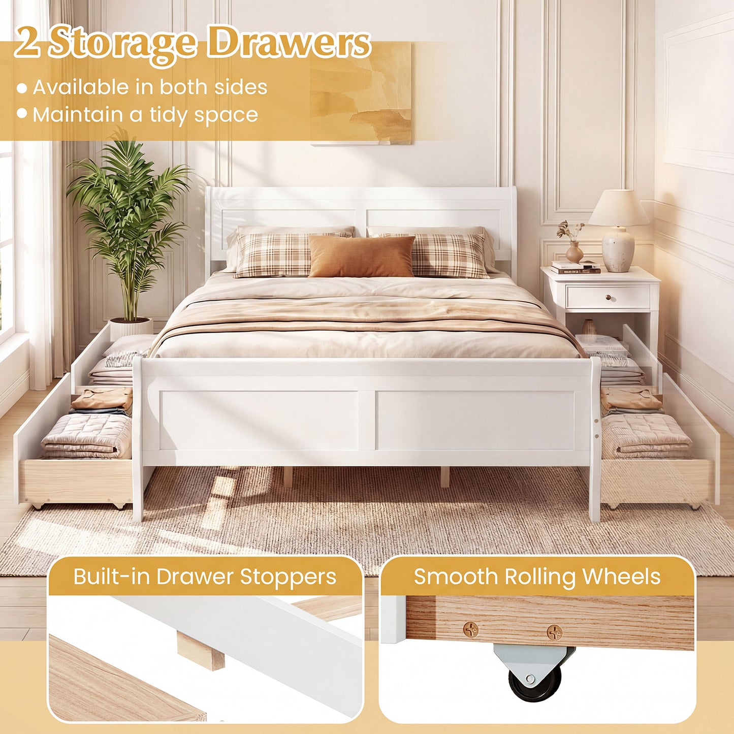 Queen Size Bed Frame, 2 Storage Drawers, Footboard, White Simple Bed Frame at Gallery Canada