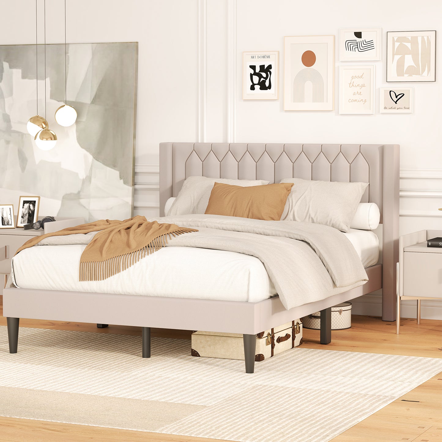 Queen Size Velvet Linen Upholstered Platform Bed With Wingback Headboard, Beige Trundle Bed Frame at Gallery Canada