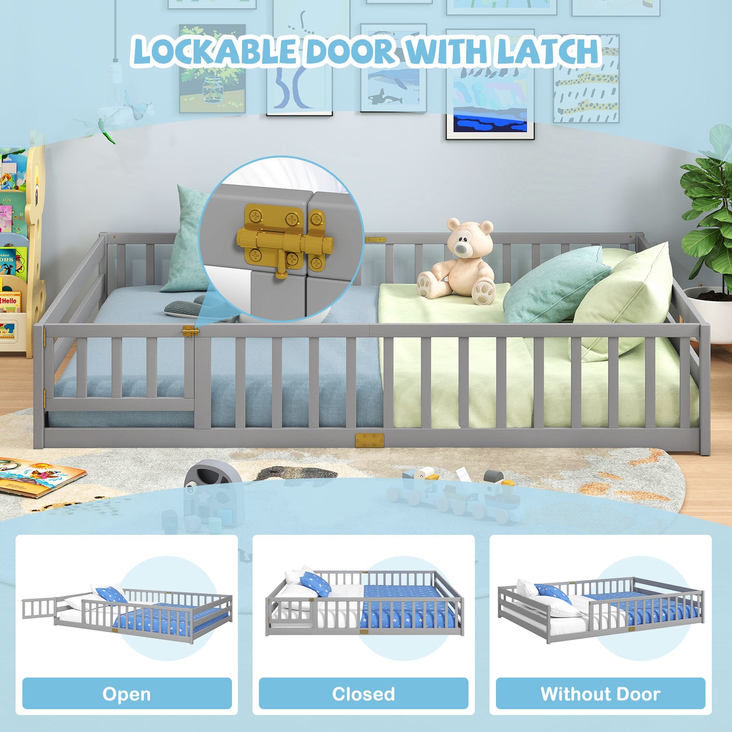 Queen Size Floor Bed Kids Montessori Bed Frame with Full Length Safety Guardrails, Gray Simple Bed Frame at Gallery Canada