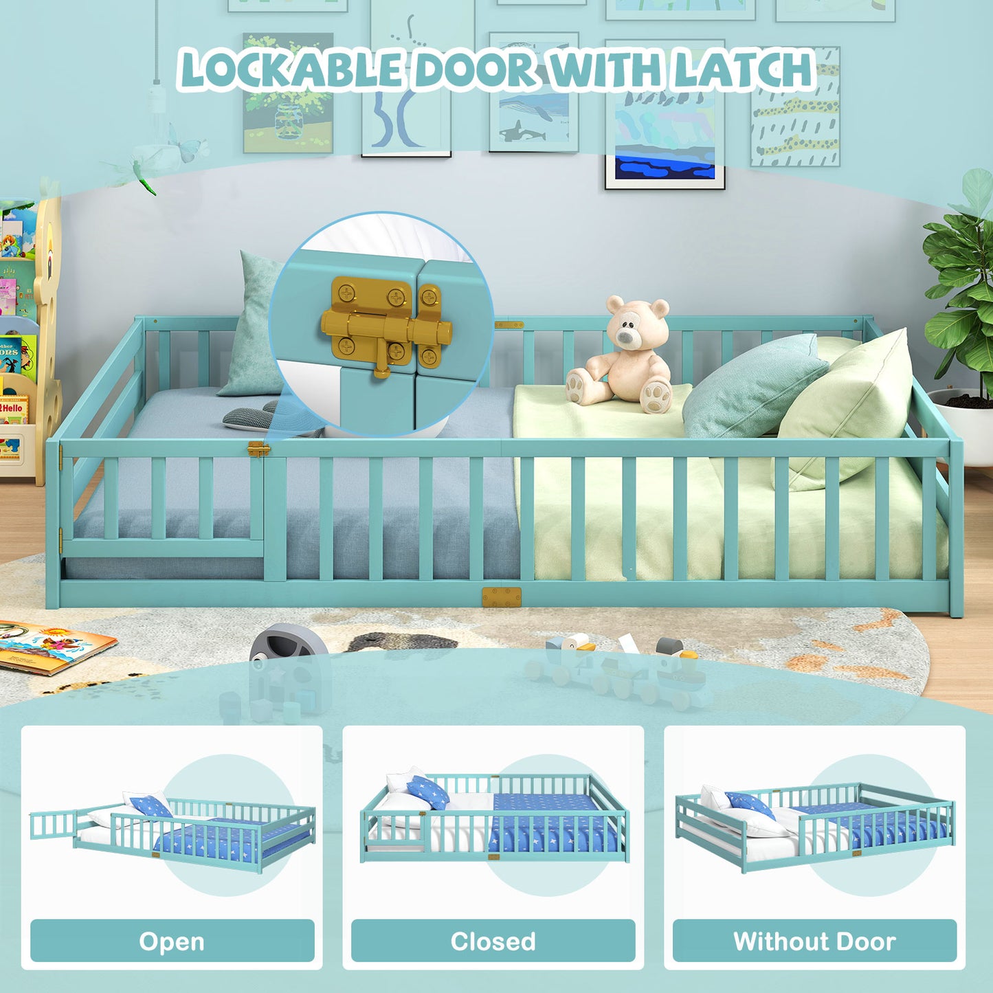 Queen Size Floor Bed Kids Montessori Bed Frame with Full Length Safety Guardrails, Dark Green Simple Bed Frame at Gallery Canada