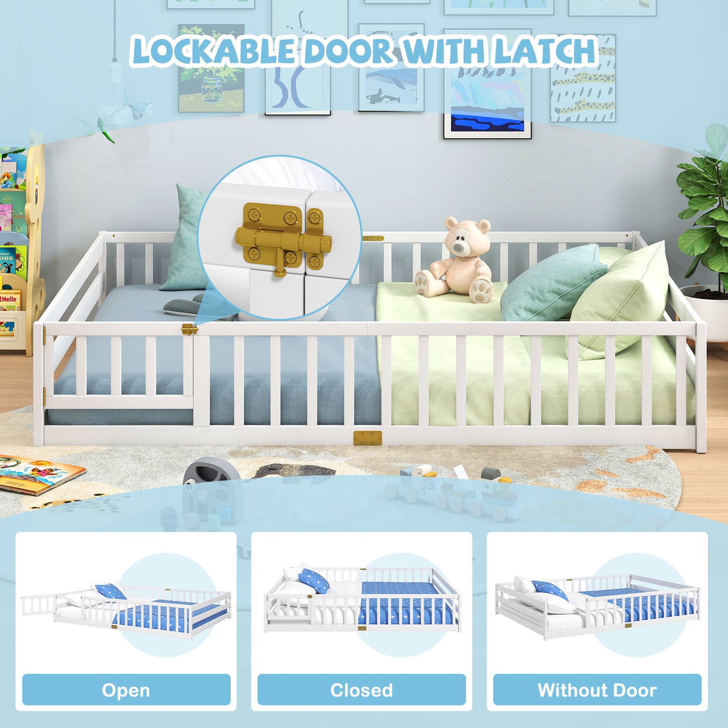 Queen Size Floor Bed Kids Montessori Bed Frame with Full Length Safety Guardrails, White Simple Bed Frame at Gallery Canada
