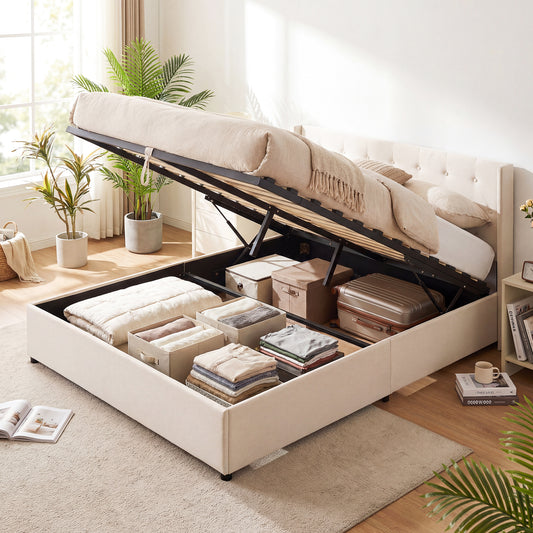 Queen Size Lift-up Storage Bed Modern Linen Upholstered Platform Bed, Beige Simple Bed Frame Beige at Gallery Canada