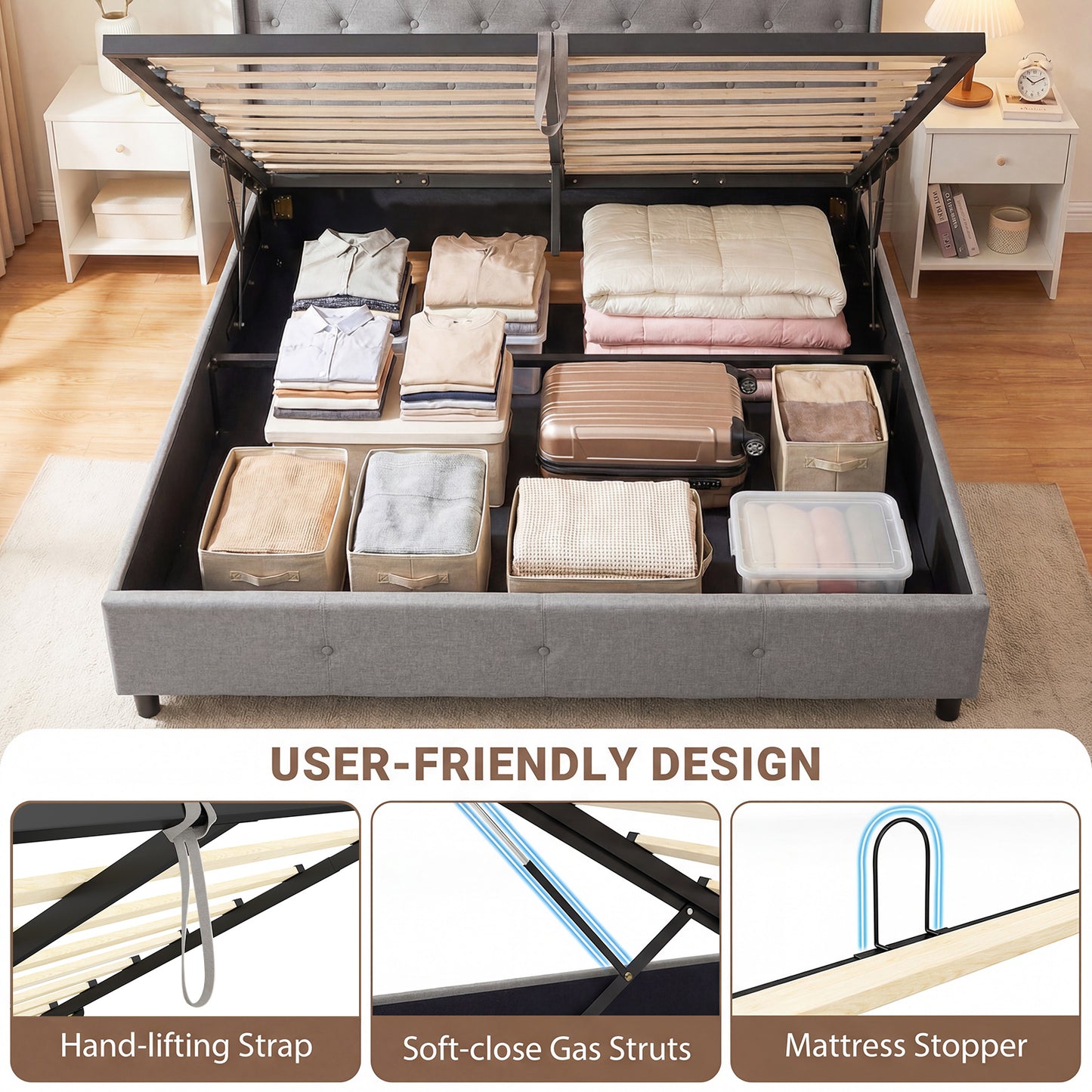 Queen Size Lift-up Storage Bed Modern Linen Upholstered Platform Bed, Gray Simple Bed Frame at Gallery Canada