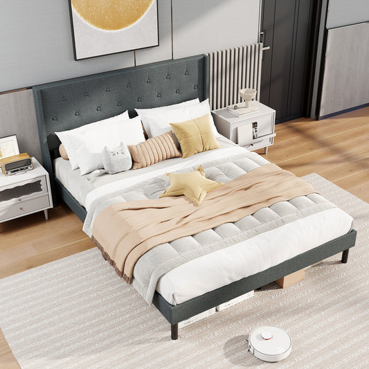 Queen Size Upholstered Bed Frame, Button Tufted Wingback Headboard, Gray Trundle Bed Frame Gray at Gallery Canada
