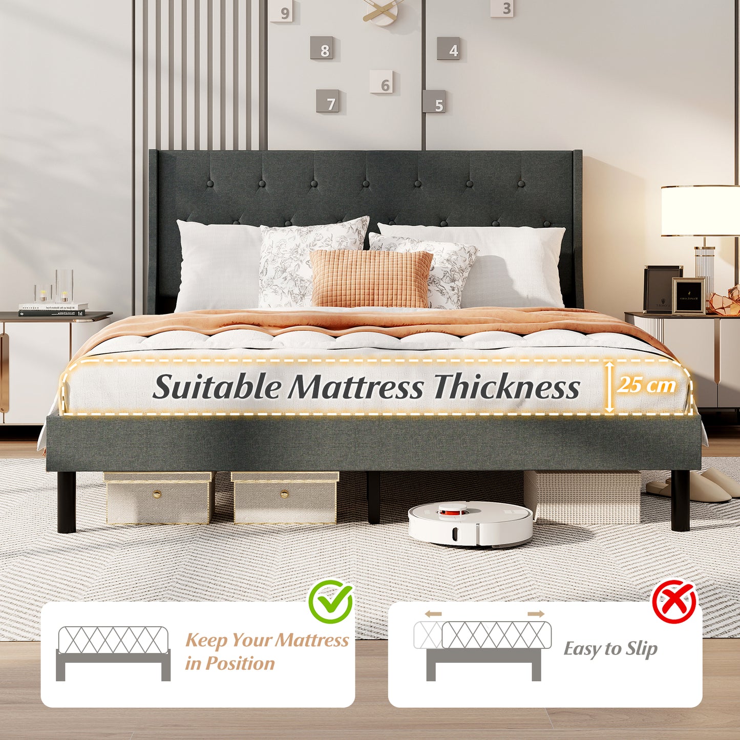 Queen Size Upholstered Bed Frame, Button Tufted Wingback Headboard, Gray Trundle Bed Frame at Gallery Canada