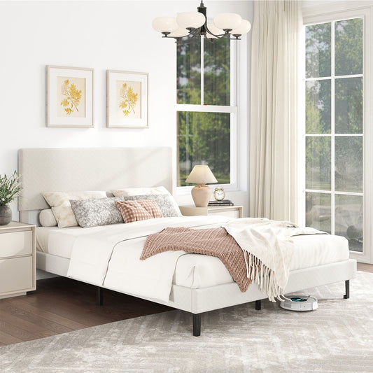 Queen Velvet Upholstered Bed Frame, Platform Bed with Chevron Headboard, Beige Simple Bed Frame Beige/Gray at Gallery Canada