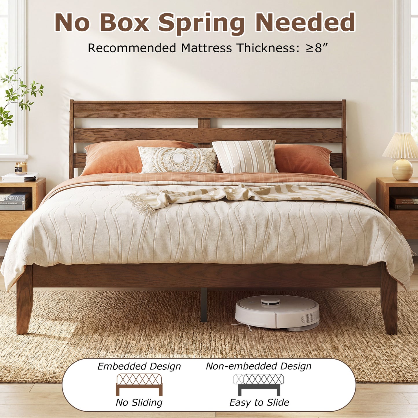 Queen Wood Platform Bed Frame, Slat Headboard, Brown Simple Bed Frame at Gallery Canada