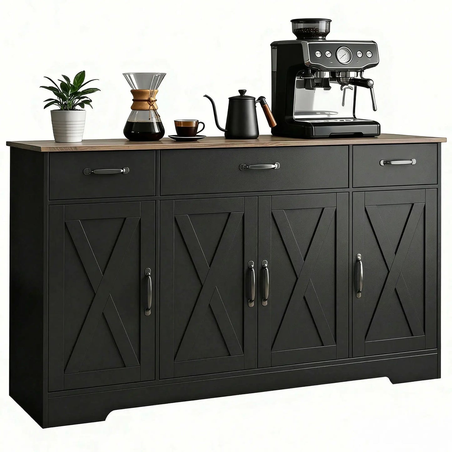 55" Sideboard Buffet Cabinet, Farmhouse Kitchen, 4 Barn Doors, 3 Drawers, Black Bar Cabinets at Gallery Canada