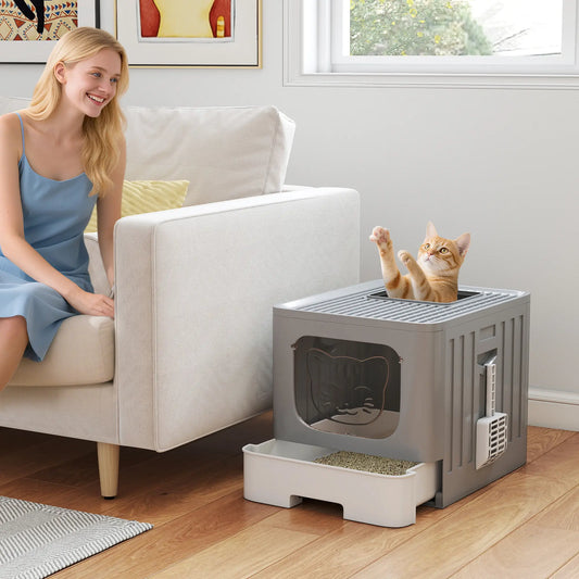 Foldable Cat Litter Box With Lid, Slide-Out Drawer, Scoop, Easy Clean, Grey