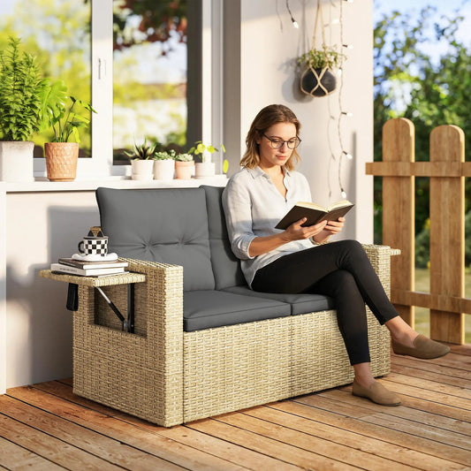 Wicker Outdoor Sofa With Side Trays, With Cushions, Light Grey Patio Furniture Sets Natural Wood, Black, Light Grey at Gallery Canada