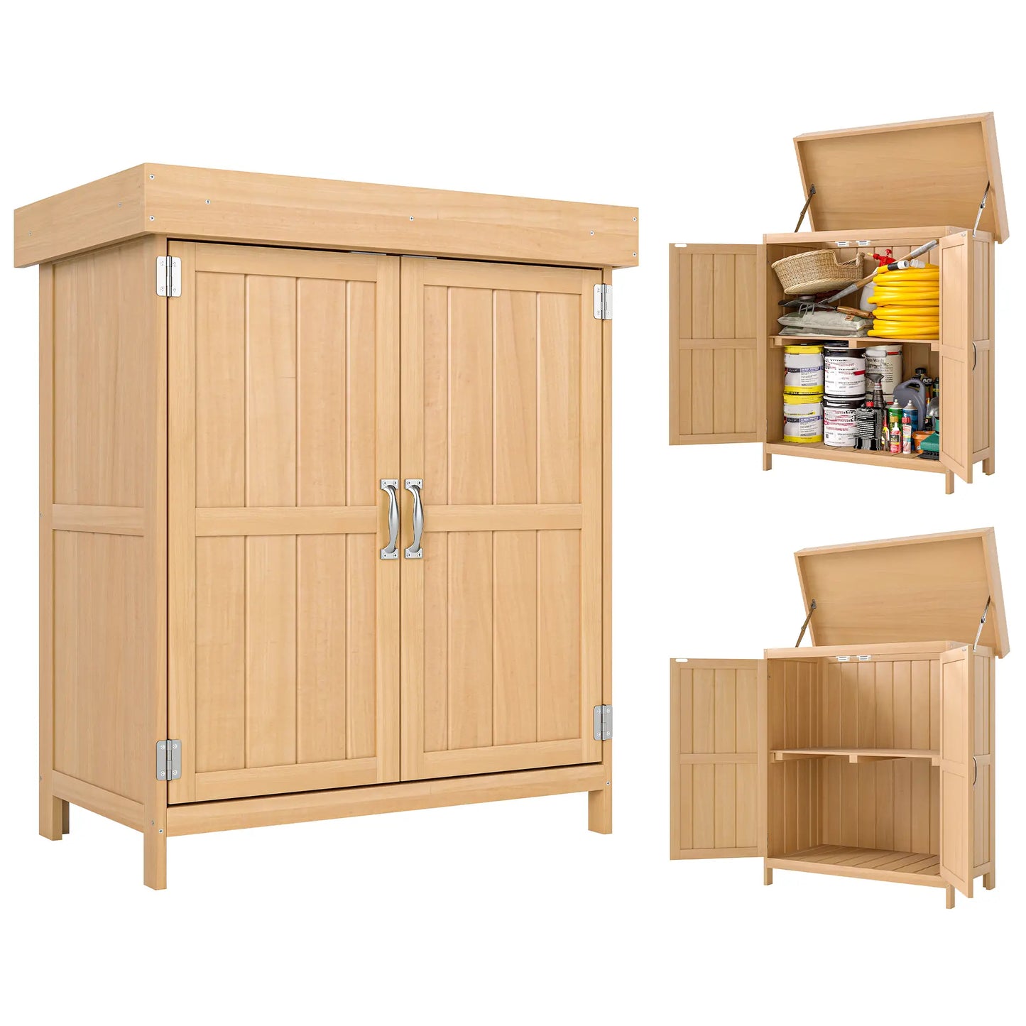 Wooden Garden Tool Shed, Hinged Roof, 2-Tier Shelves, Double Doors, 74x43x88cm, Natural Wood Sheds at Gallery Canada