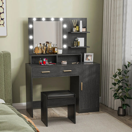 LED Vanity Table Set with Stool, Mirror, Drawer, Cabinet Shelves Dressing & Vanity Tables Black at Gallery Canada