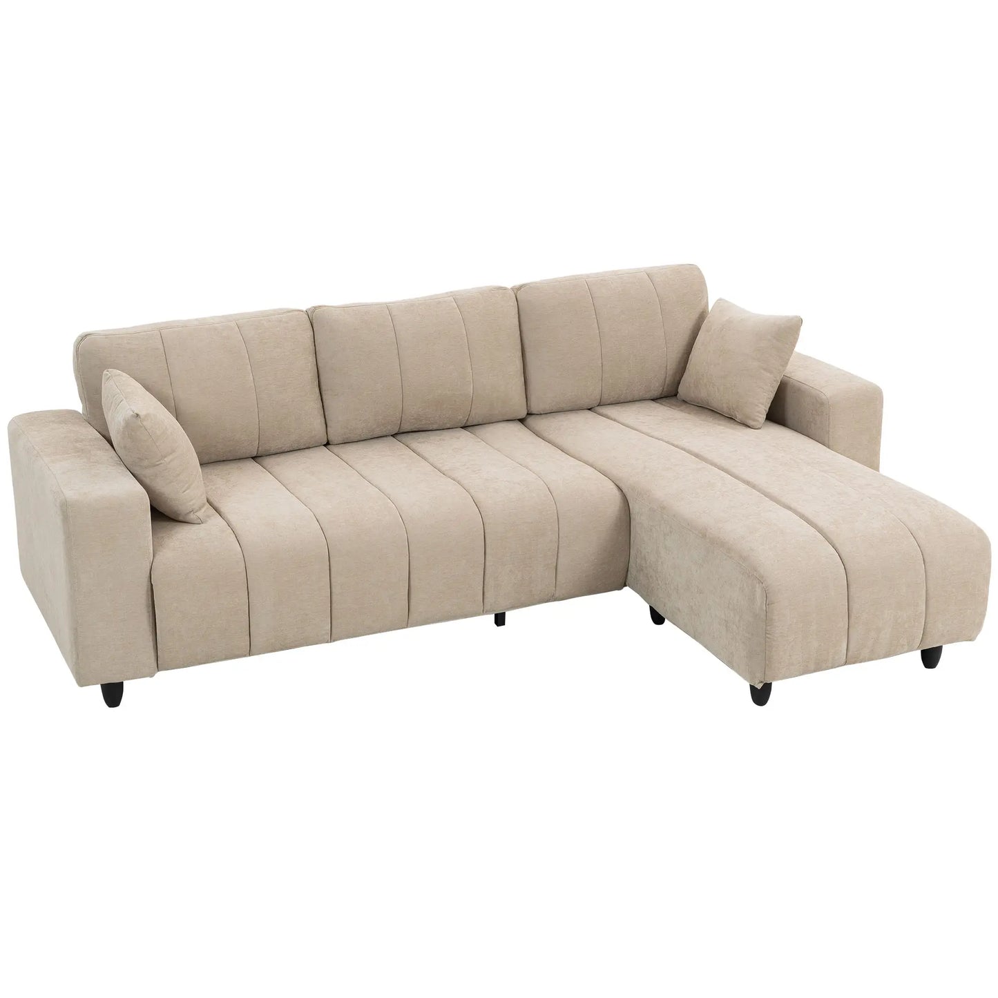 Canapé sectionnel en forme de L 3 places avec méridienne, coussin à ressorts, oreillers, beige
