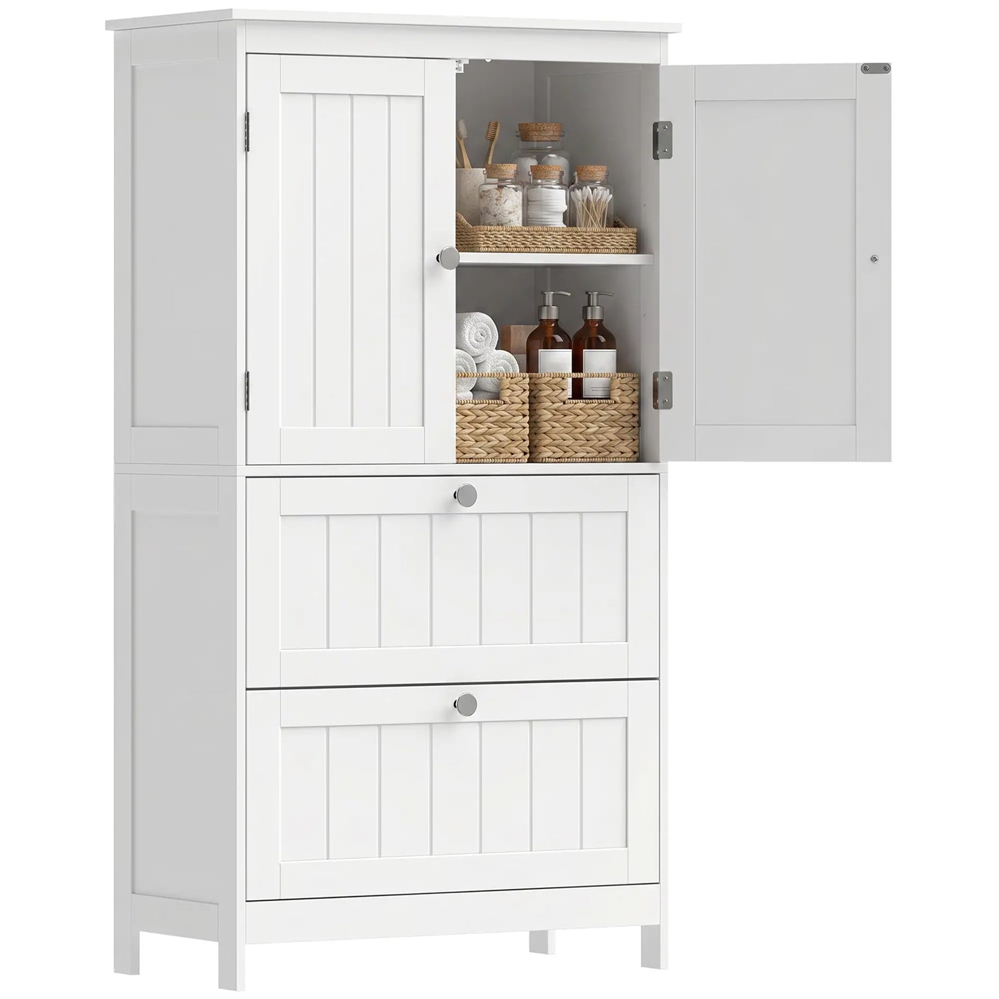 Narrow Bathroom Cabinet, 2 Drawers, Adjustable Shelf, White