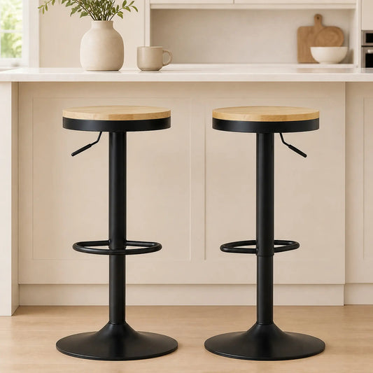 Wood Swivel Barstools Set Of 2, Adjustable Height, Natural Wood And Black, Black Bar Stools Natural Wood, Black at Gallery Canada