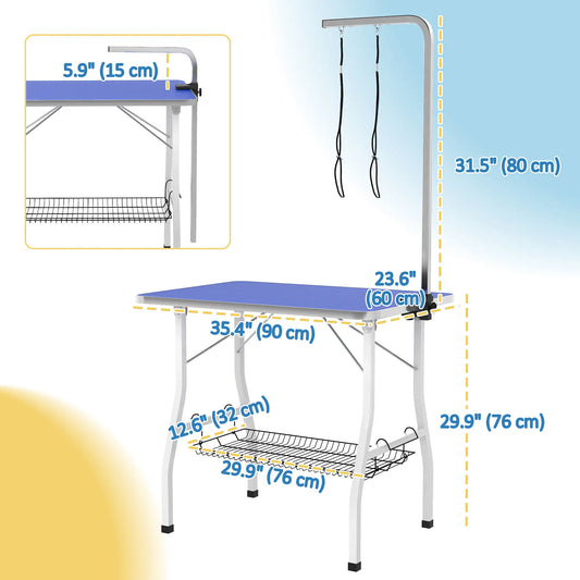 Dog Grooming Table, Adjustable Arm, Mesh Tray, 35" x 24" x 61", Blue Dog Grooming Tables at Gallery Canada