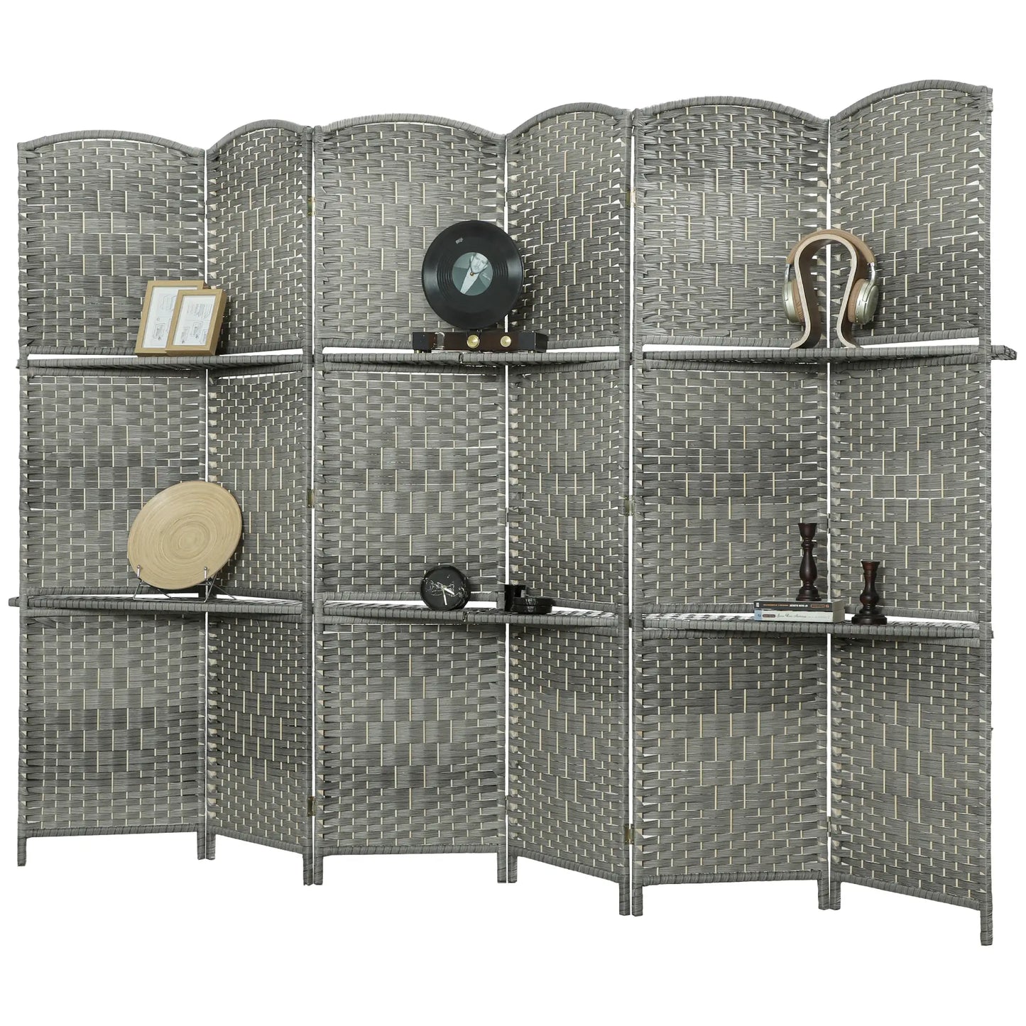 6 FT Privacy Screen, 6 Panel Room Divider With Shelves, Grey