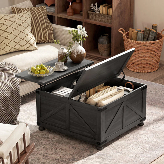 Lift Top Coffee Table, 32" Farmhouse Style, Hidden Compartment, Black Wood Grain, Black