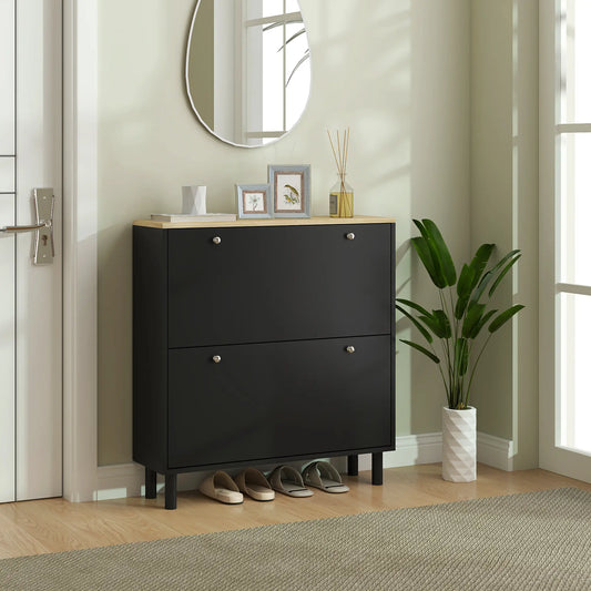 2 Drawers Shoe Storage Cabinet, Adjustable Shelves, 16 Pairs, Black Shoe Storage Cabinets & Racks Black, Light Oak at Gallery Canada