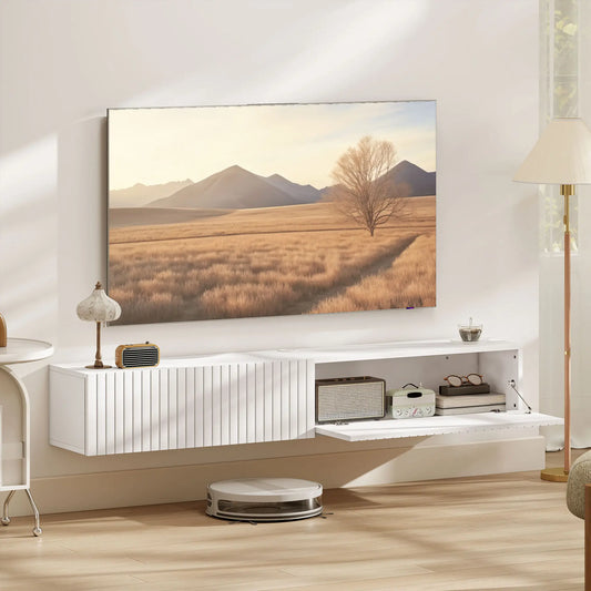 55 Inch Floating TV Stand, Wall Mount Media Console, 2 Fluted Doors, White TV Stands White at Gallery Canada