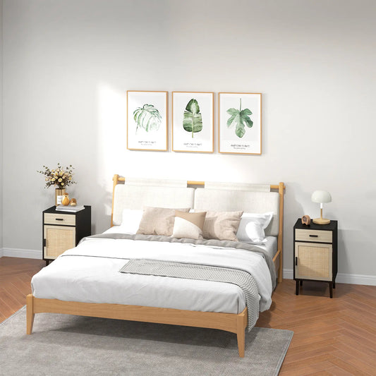 Boho Bedside Tables Set of 2, Nightstands with Drawer, Rattan Cabinet, Black Bedside Tables Black, Oak at Gallery Canada