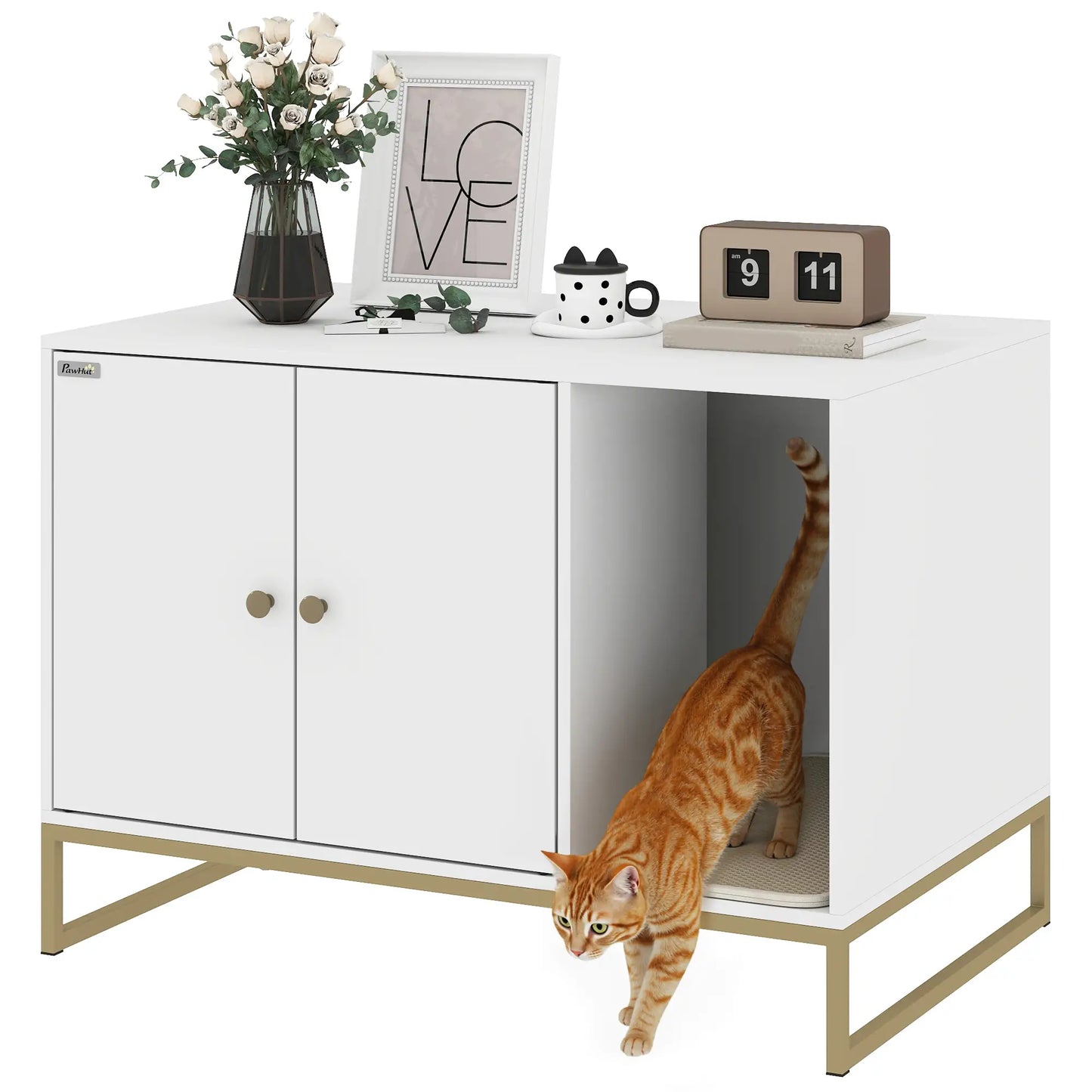 Cat Litter Box Enclosure, Tall Legs, Litter Mat, 31.5" x 20" x 22", White Cat Litter Box Enclosures at Gallery Canada