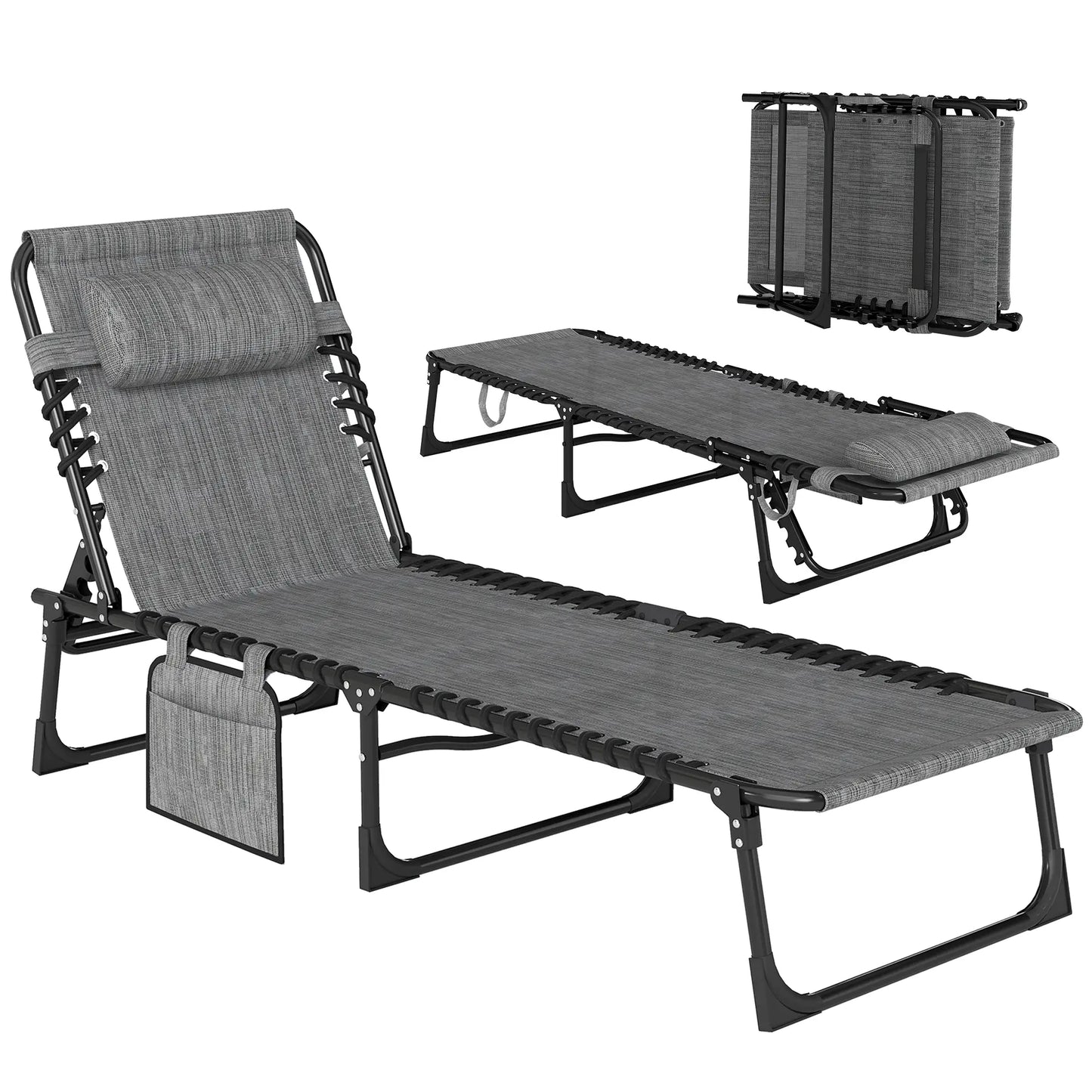 Outdoor Folding Chaise Lounge, Adjustable Backrest, Removable Pillow, Mixed Grey, Grey