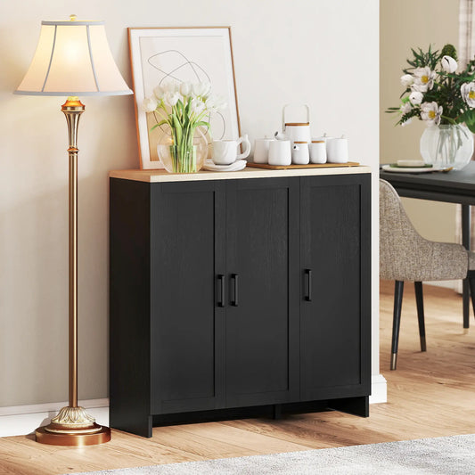 Modern Sideboard Buffet Cabinet, 3 Doors Adjustable Shelves, Black Kitchen Pantry Cabinets Black, Natural at Gallery Canada